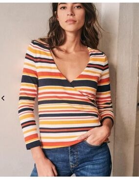 Sezane Striped Cotton Blend Long Sleeve V Neck Adela Wrap Blouse Top Sz. S